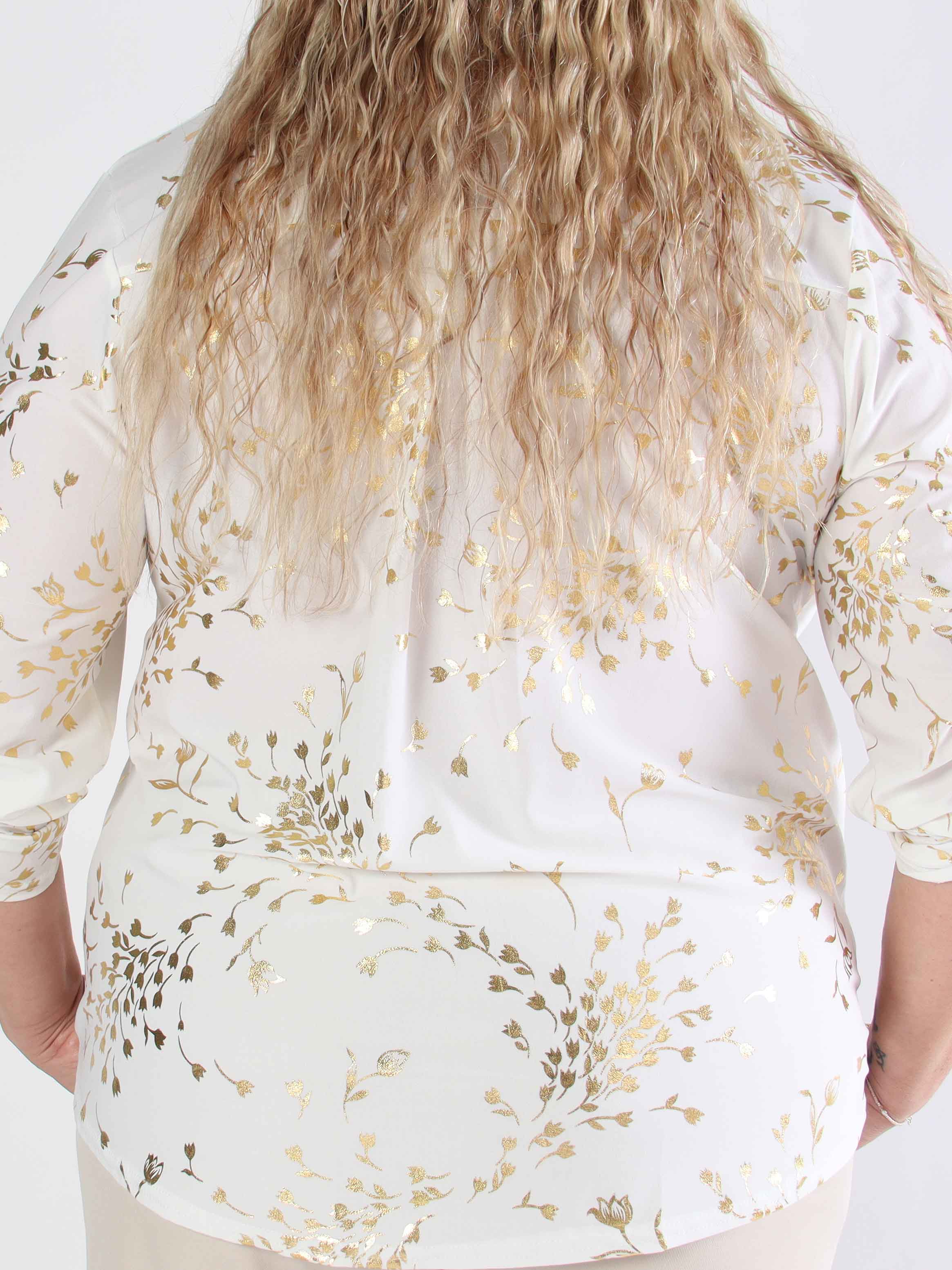 Ebba Gold Leaf Shirt - Elastisk plus size bluse mønstret med guld blade